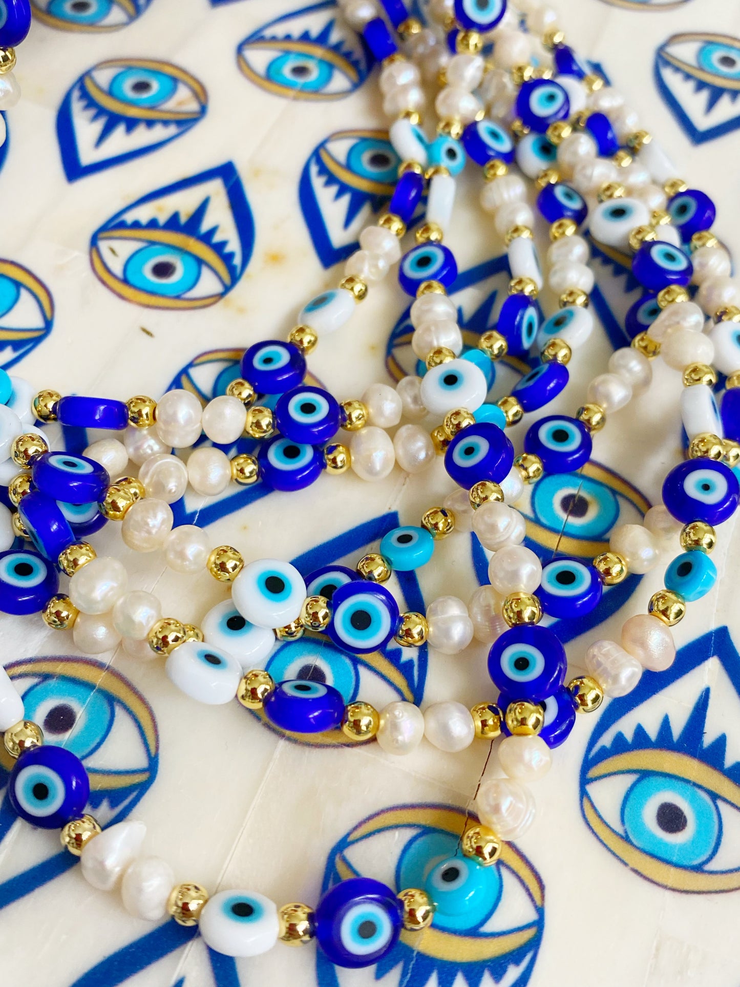 Evil Eye Beaded Fresh Water Pearls Toggle Necklace