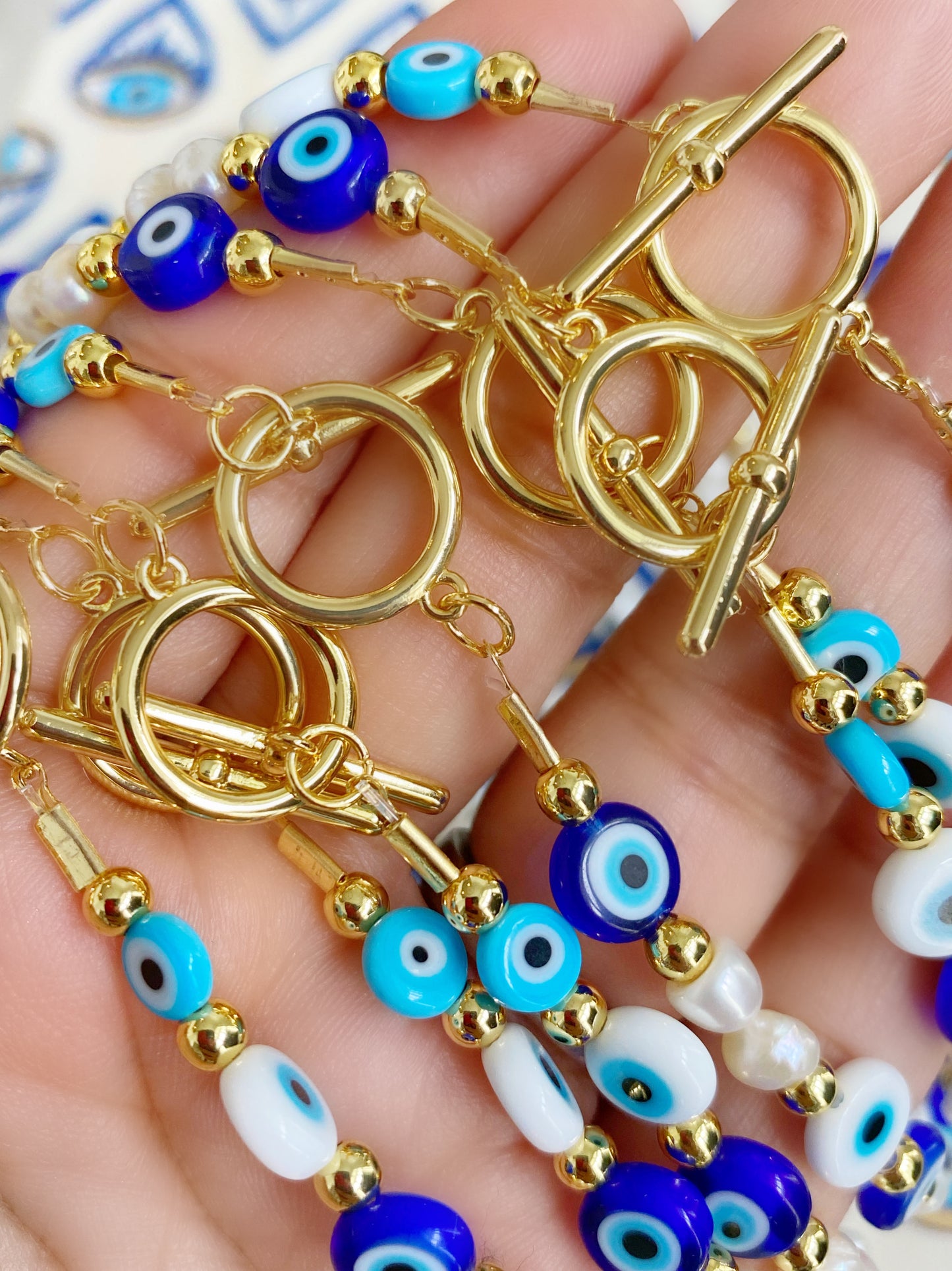 Evil Eye Beaded Fresh Water Pearls Toggle Necklace