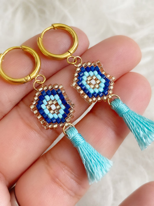 Evil Eye Miyuki Tassel Dangle Earrings