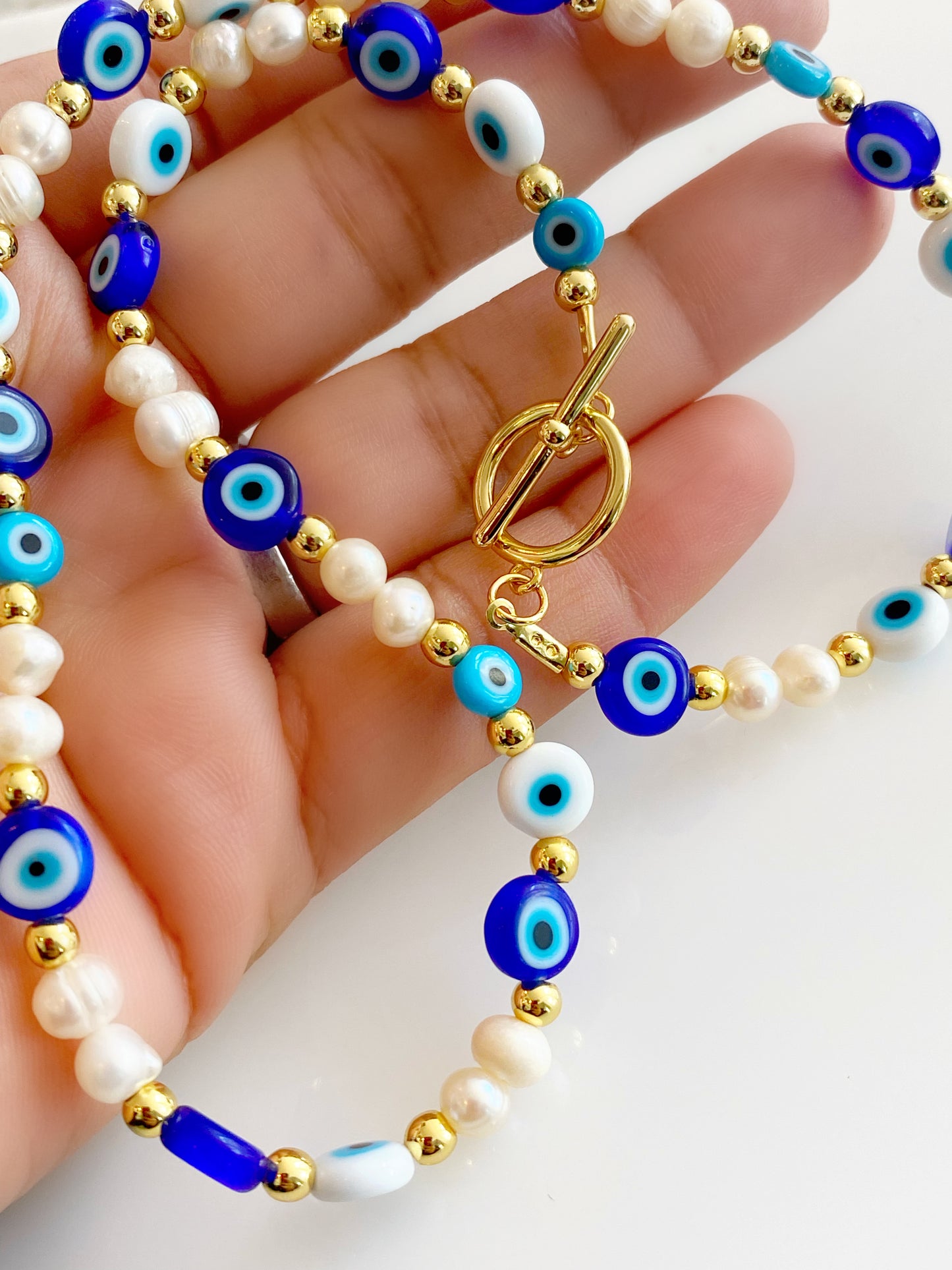 Evil Eye Beaded Fresh Water Pearls Toggle Necklace