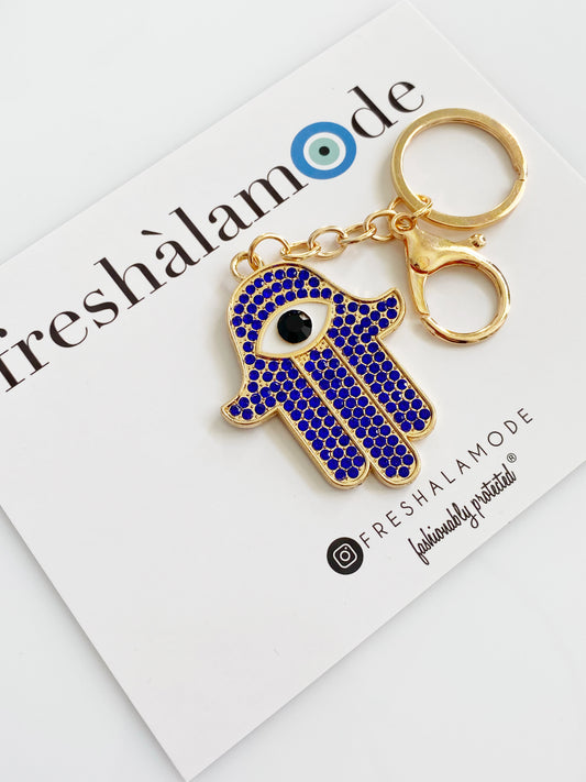 Hamsa Blue Evil Eye Crystal Keychain Clip