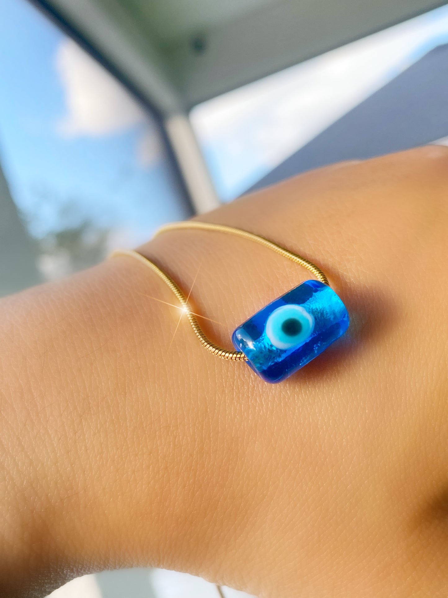 Evil Eye Blue Glass Cylinder Necklace