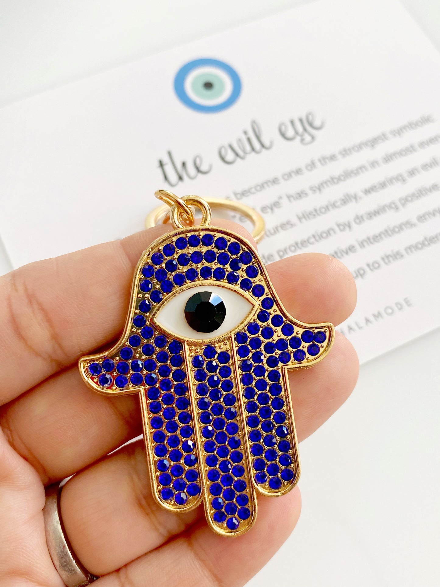 Hamsa Blue Evil Eye Crystal Keychain Clip