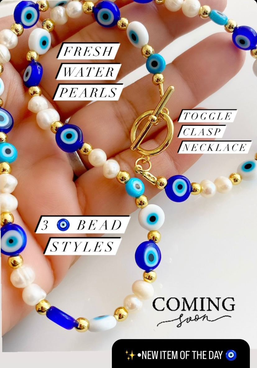 Evil Eye Beaded Fresh Water Pearls Toggle Necklace