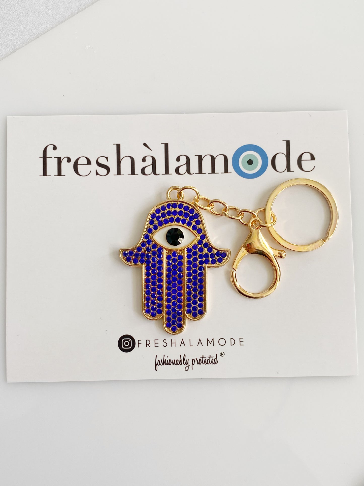 Hamsa Blue Evil Eye Crystal Keychain Clip