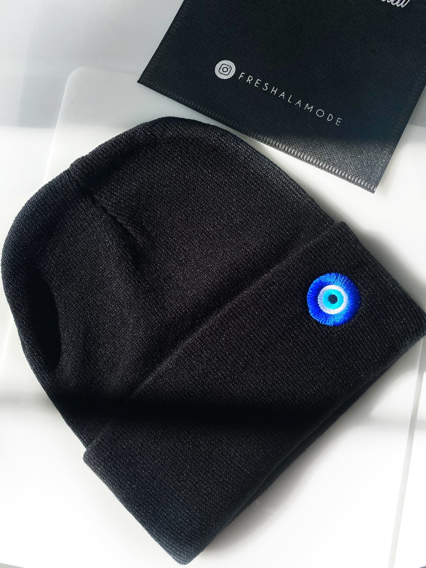 Evil Eye Embroidered Black Beanie Hat