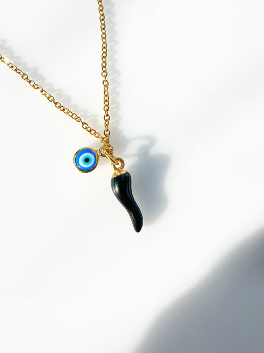 Black Cornicello Evil Eye Charm Necklace