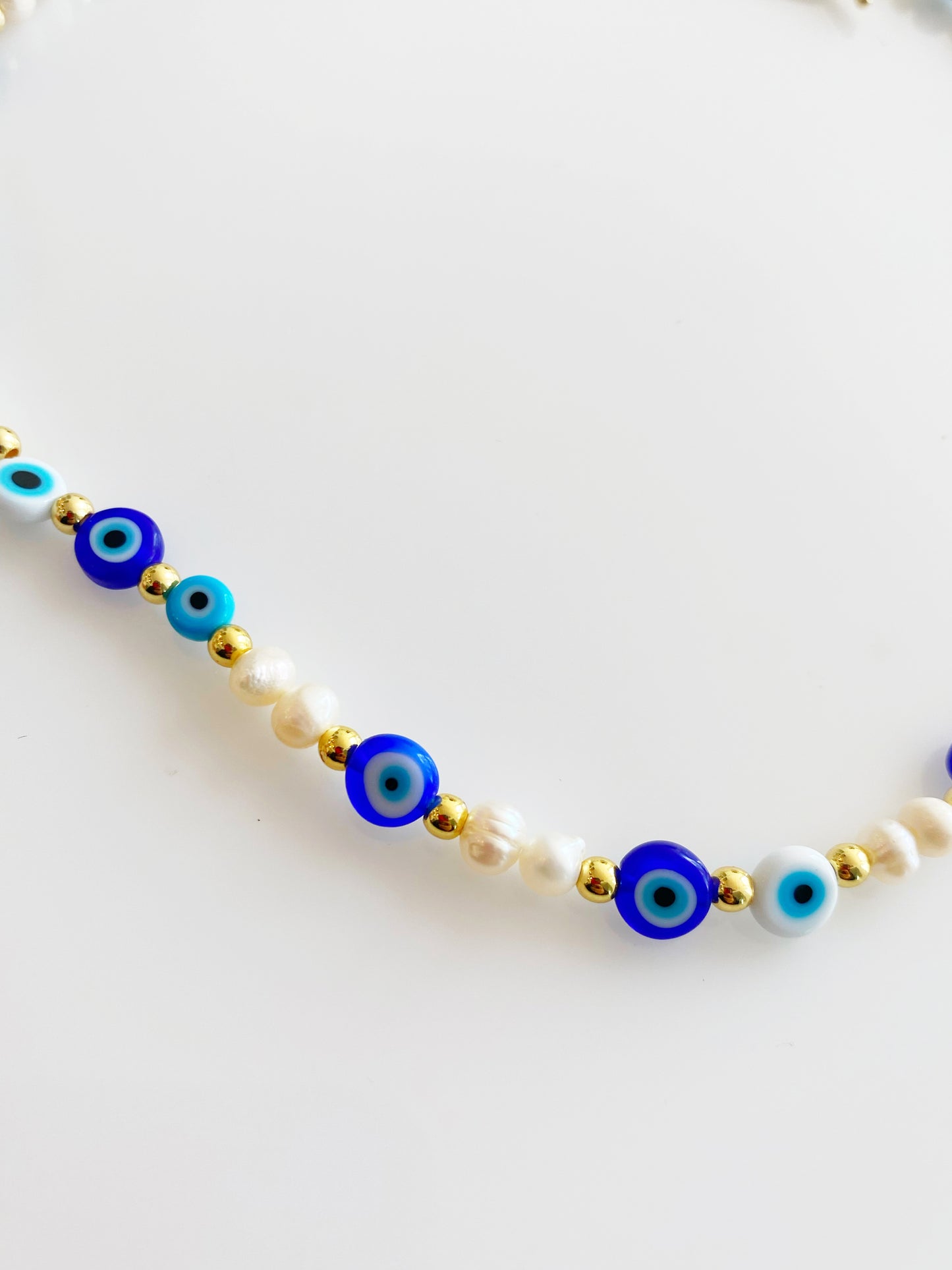 Evil Eye Beaded Fresh Water Pearls Toggle Necklace