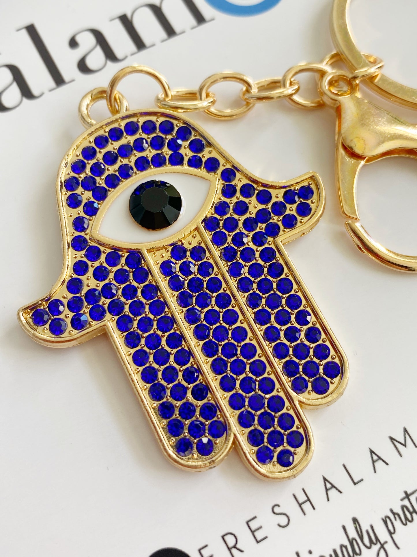 Hamsa Blue Evil Eye Crystal Keychain Clip