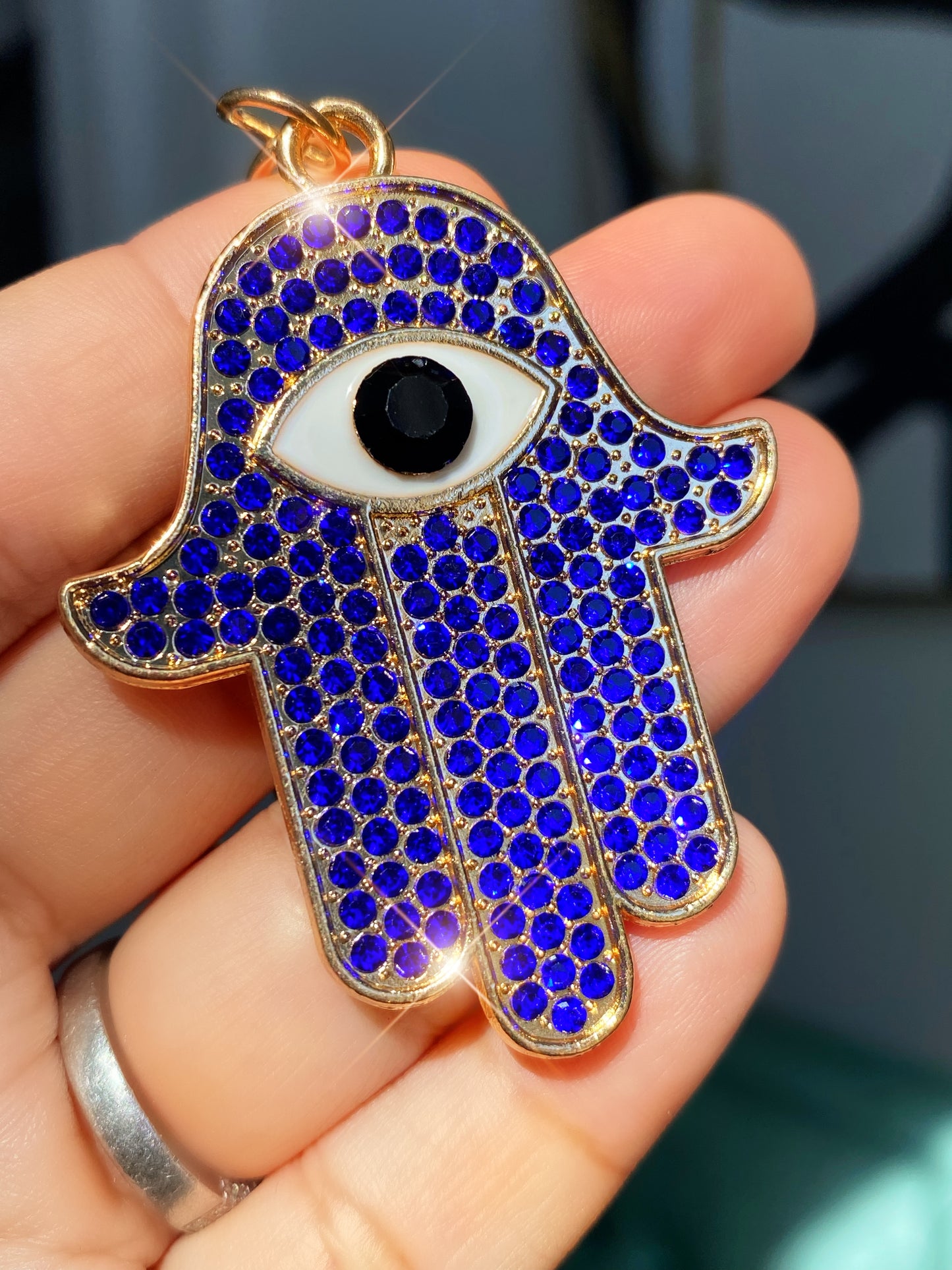 Hamsa Blue Evil Eye Crystal Keychain Clip