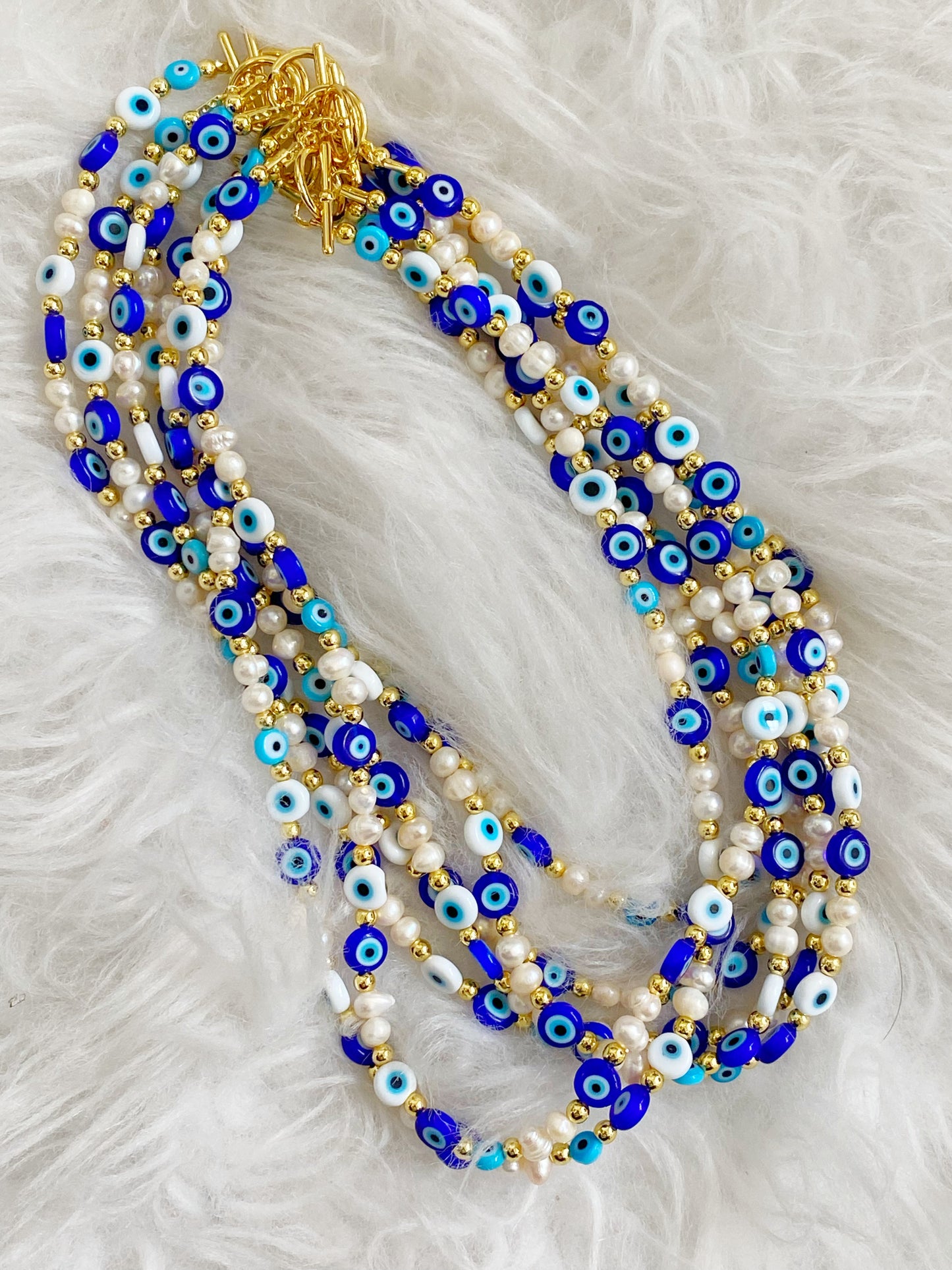 Evil Eye Beaded Fresh Water Pearls Toggle Necklace