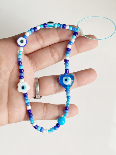 Pulsera con abalorio de cadena de teléfono con cuentas de mal de ojo